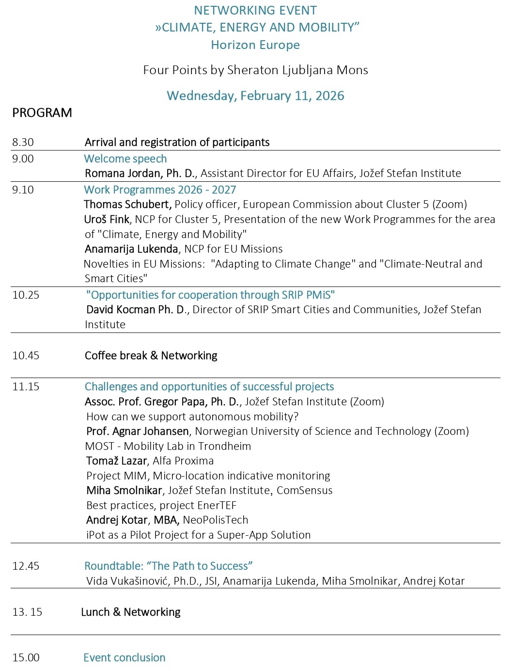 Agenda, Networking Event Climate, Energy, Mobility, February 11, 2026 ENG
